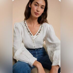 Rouje Ina White V-Neck Blouse with Floral Embroidery Size 36